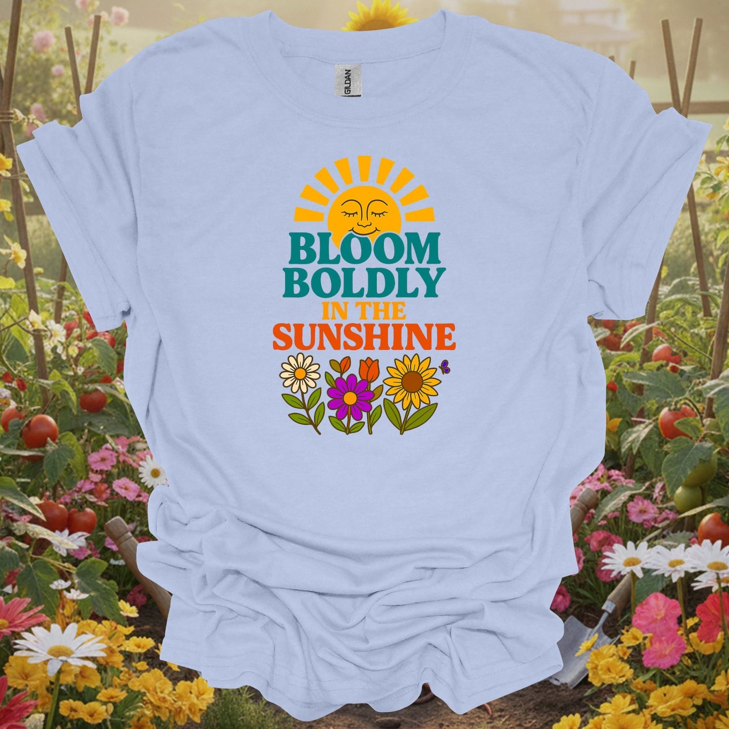 Light Blue shirt showing bloom boldly in the sunshine retro for home gardeners