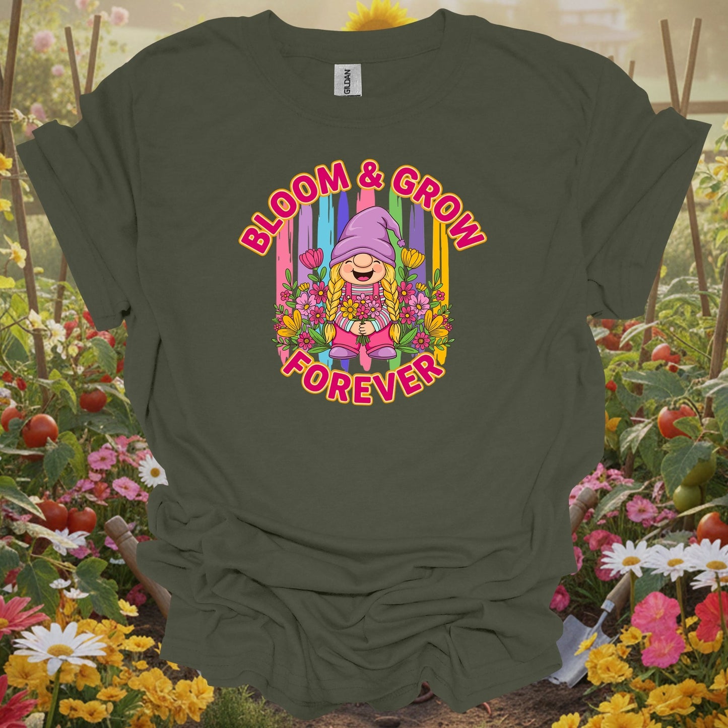 Military Green top showing retro colorful girl gnome with bloom and grow forever message for garden forever believers