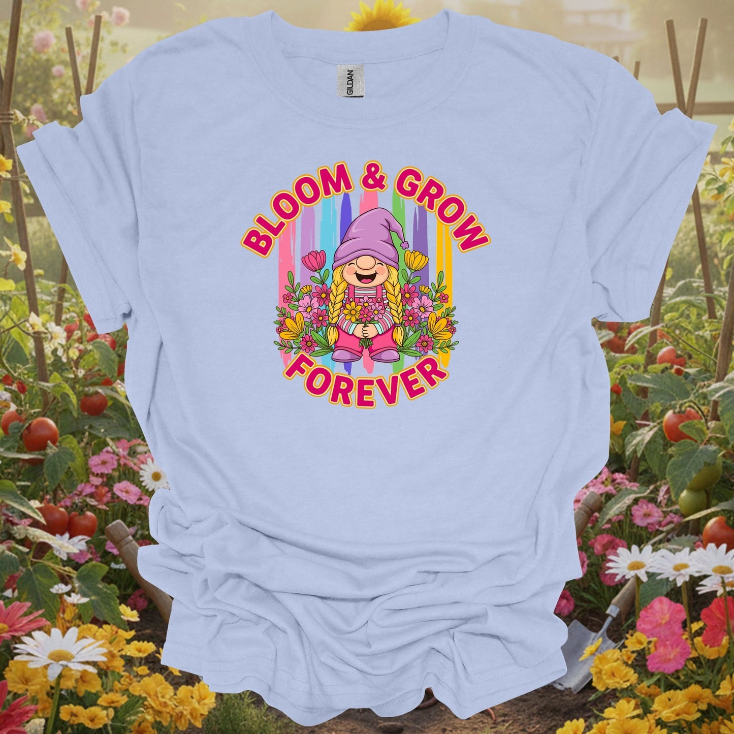 Light Blue shirt showing retro colorful girl gnome with bloom and grow forever message for colorful spirit gardeners
