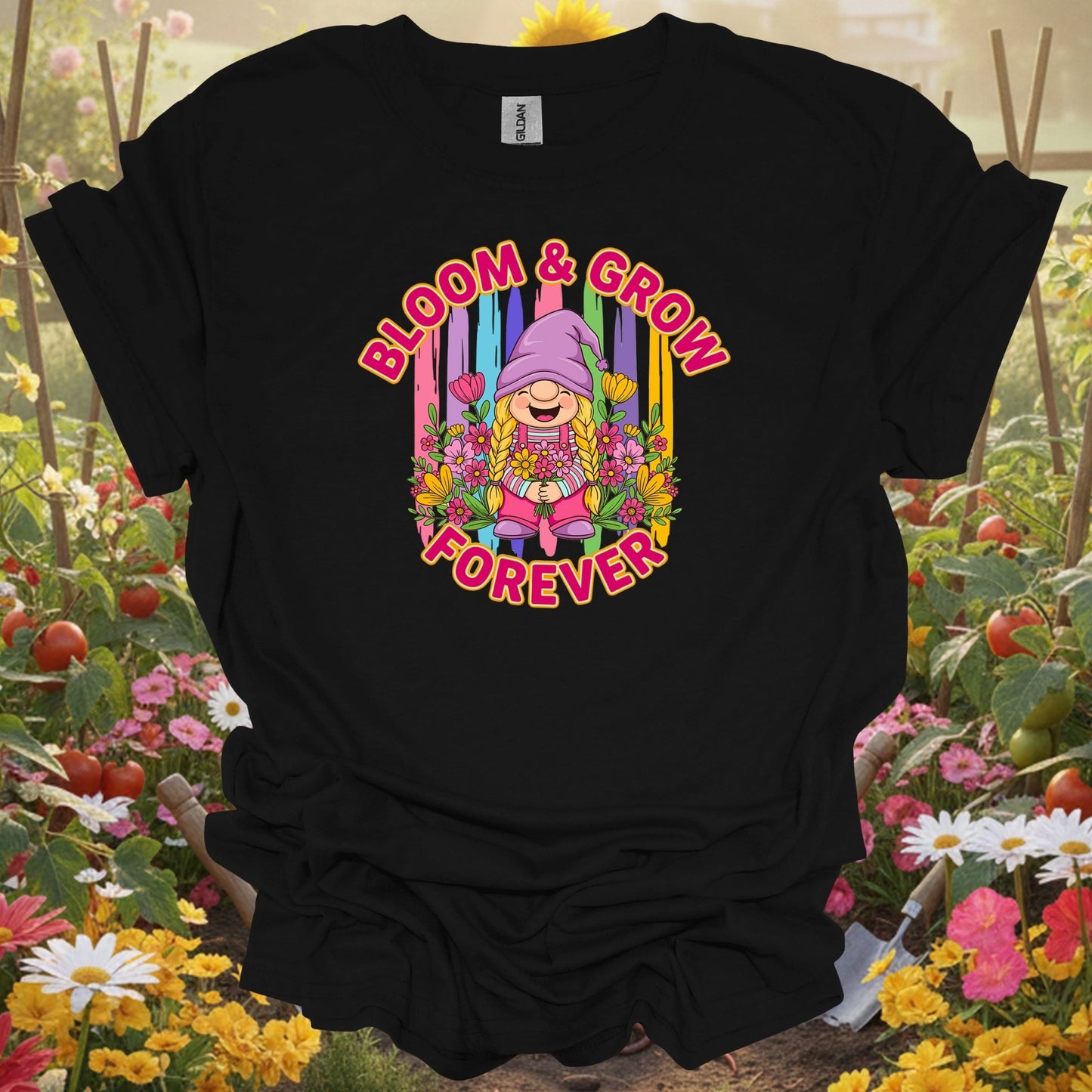 Black shirt showing retro colorful girl gnome with bloom and grow forever message for folks celebrating growth
