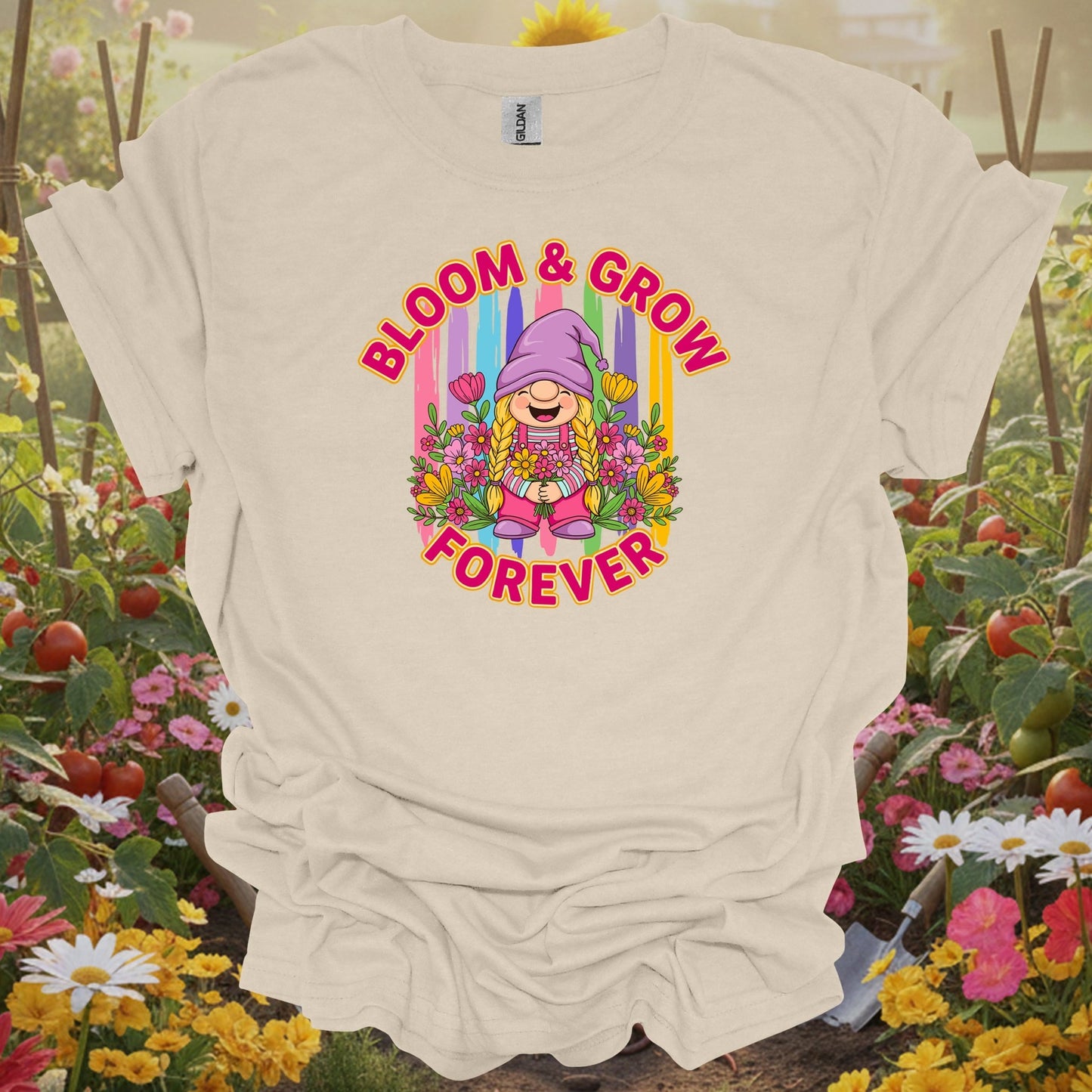 Natural tshirt showing retro colorful girl gnome with bloom and grow forever message for people with gnome gardens