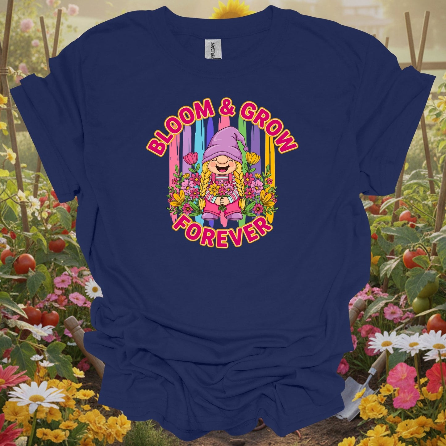 Navy top showing retro colorful girl gnome with bloom and grow forever message for people who bloom endlessly