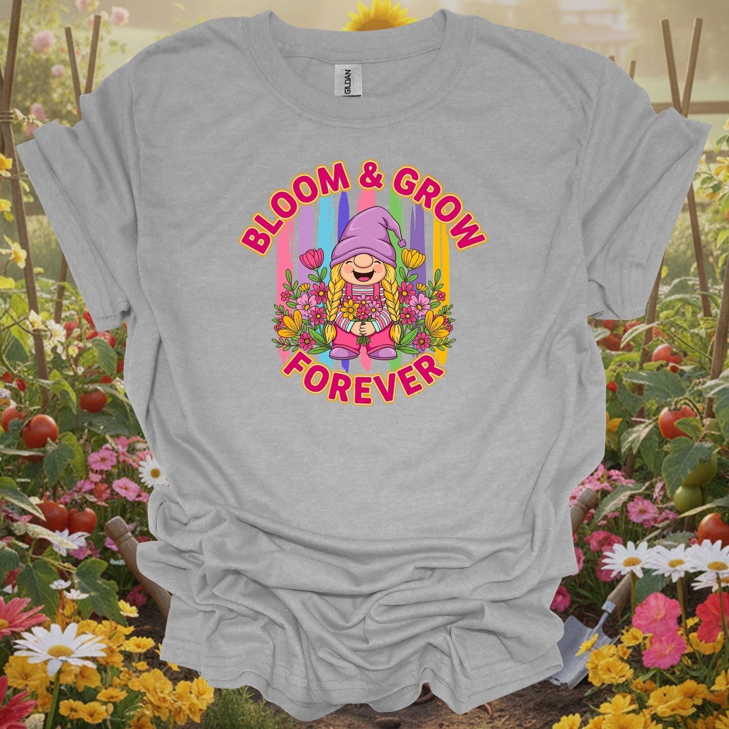 Sport Grey tshirt showing retro colorful girl gnome with bloom and grow forever message for retro style fans