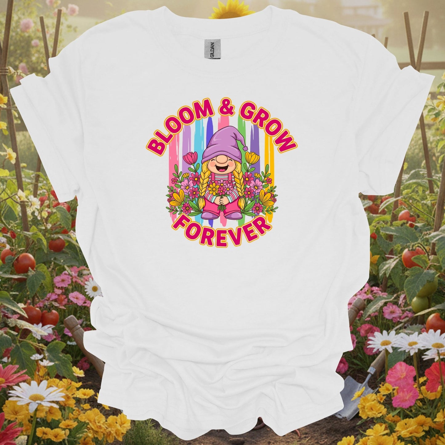 White tee showing retro colorful girl gnome with bloom and grow forever message for whimsical growers
