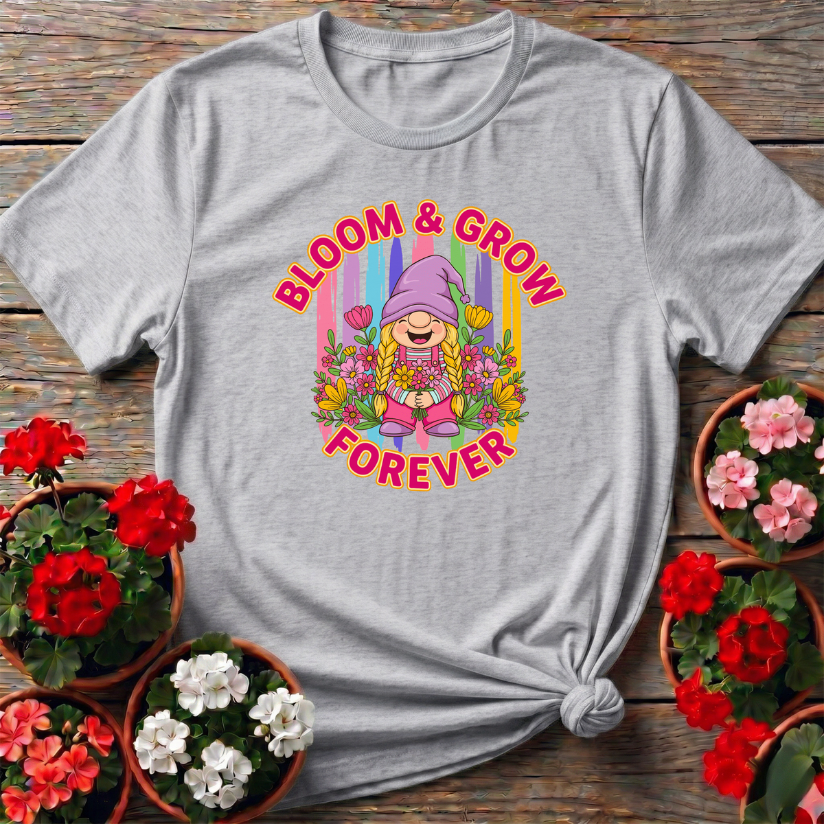 Bloom & Grow Forever Retro Girl Gnome Floral Tee - GardeningTshirts
