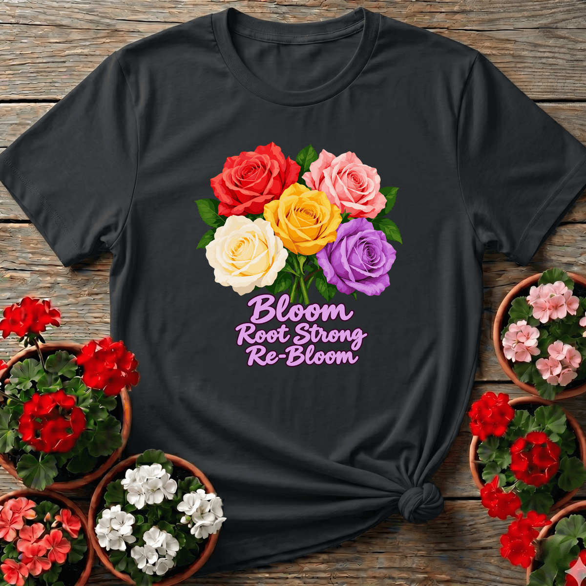 Bloom Root Strong Re-Bloom Colorful Rose Bouquet Tee - GardeningTshirts
