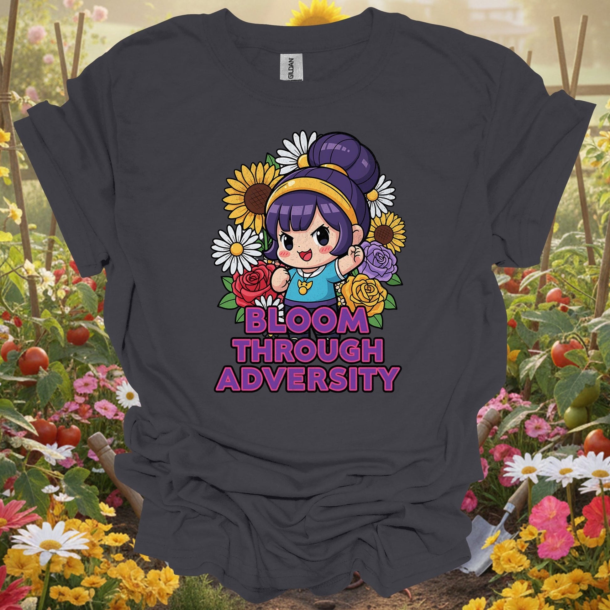 "Bloom Through Adversity" Motivational Chibi Anime Style Flower Power Distressed Tee - GardeningTshirts