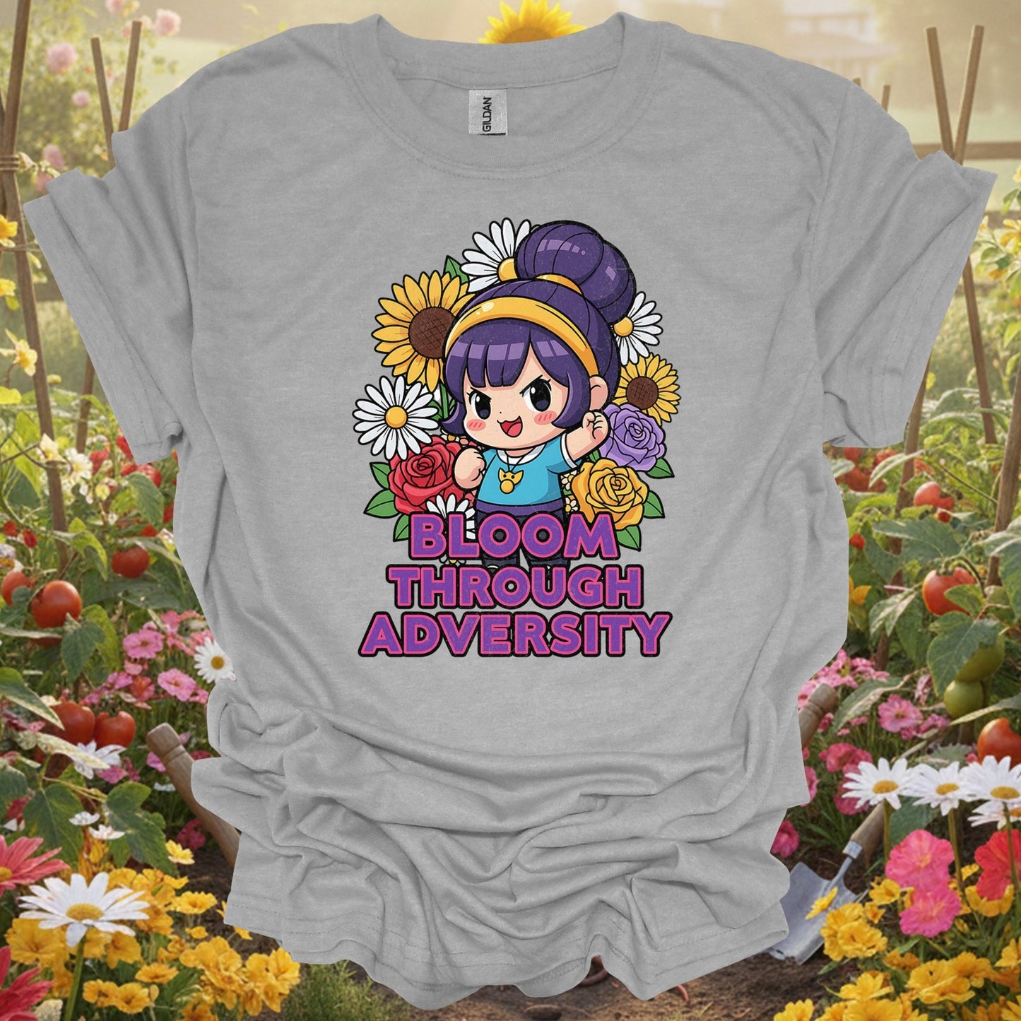 "Bloom Through Adversity" Motivational Chibi Anime Style Flower Power Distressed Tee - GardeningTshirts