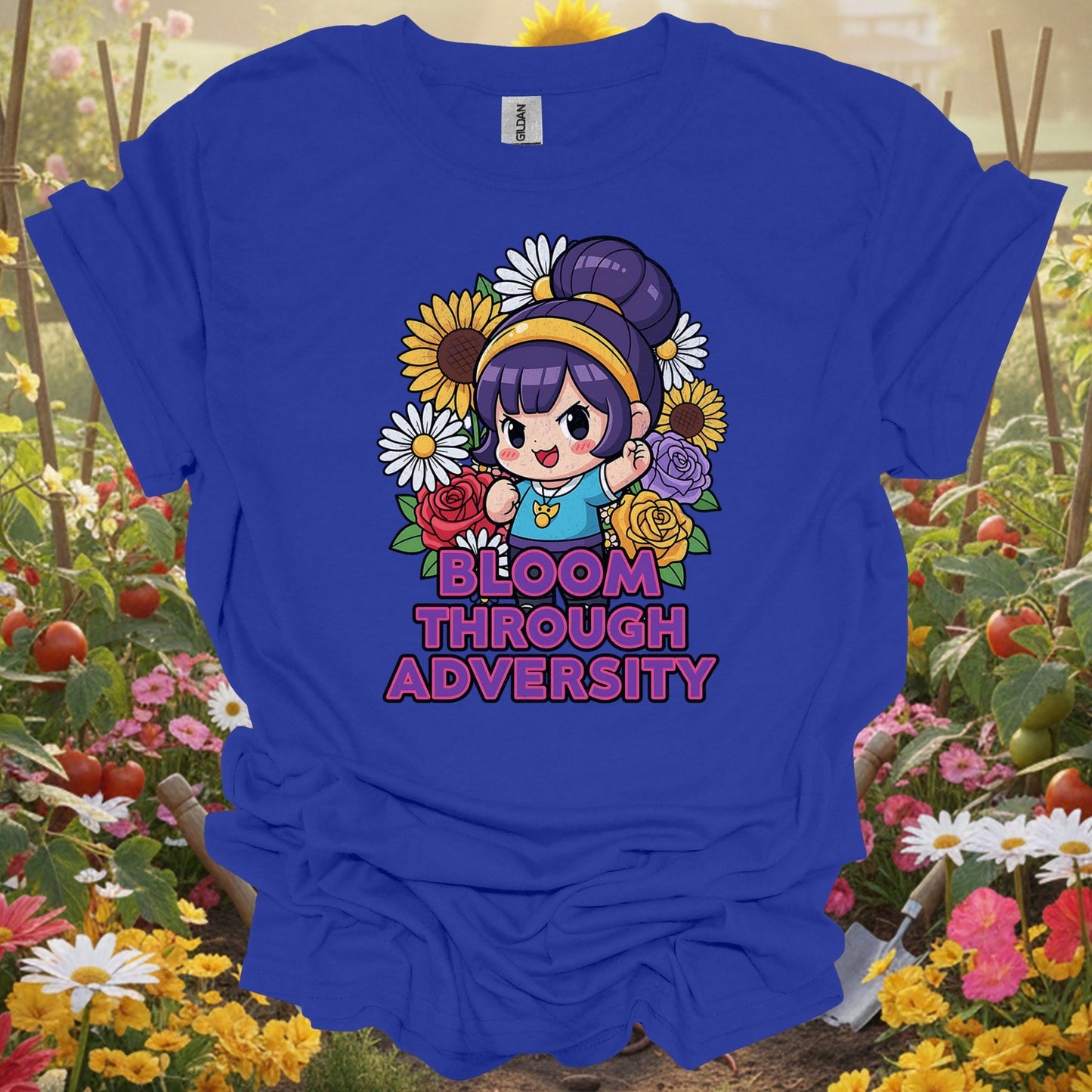 "Bloom Through Adversity" Motivational Chibi Anime Style Flower Power Distressed Tee - GardeningTshirts