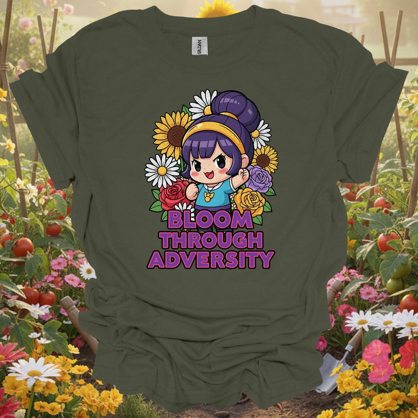 "Bloom Through Adversity" Motivational Chibi Anime Style Flower Power Distressed Tee - GardeningTshirts
