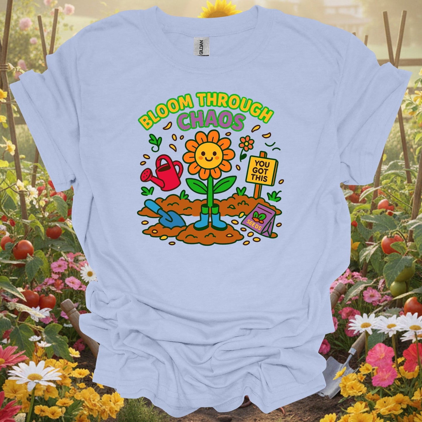 Light blue bloom through chaos motivational gardening shirt for mindful gardeners, resilient spirits, positive thinkers, w...