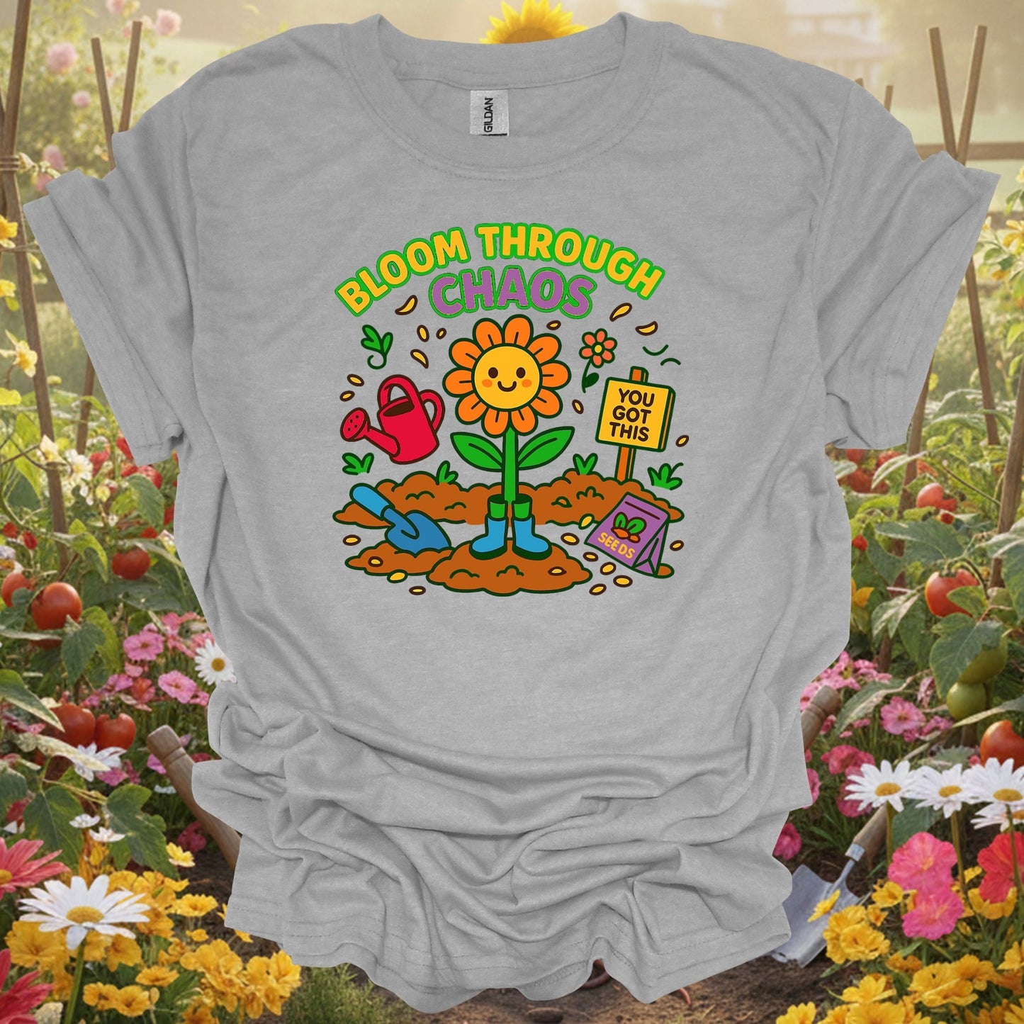 Sport grey bloom through chaos motivational gardening shirt for mindful gardeners, resilient spirits, positive thinkers, w...