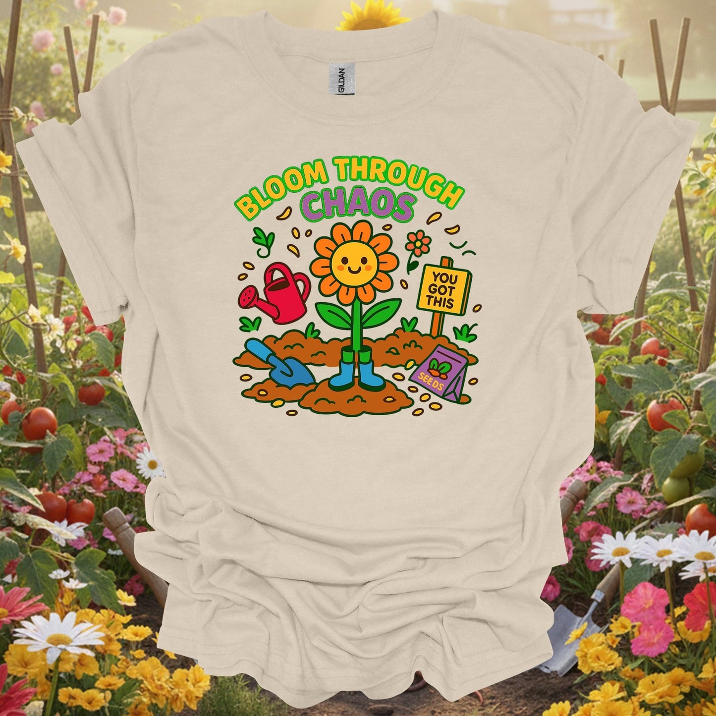 Natural bloom through chaos motivational gardening shirt for mindful gardeners, resilient spirits, positive thinkers, well...