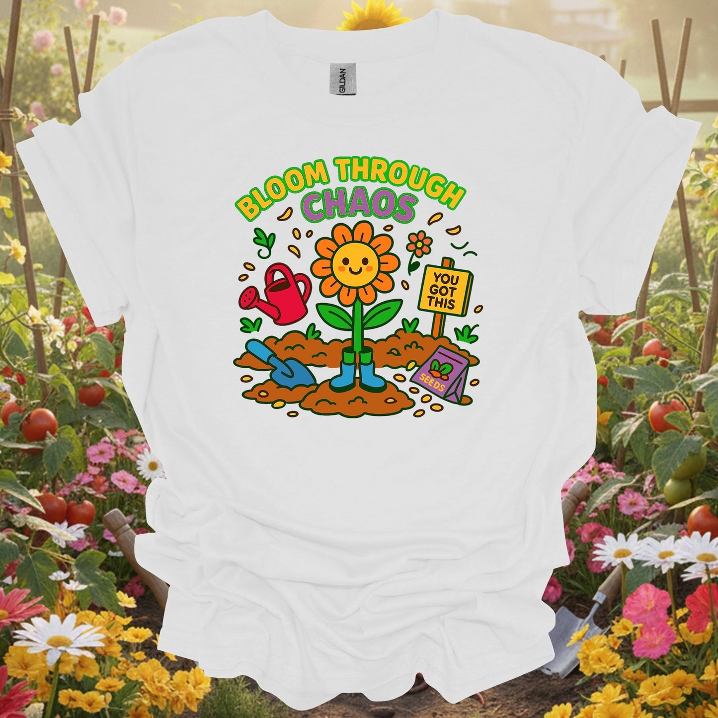 White bloom through chaos motivational gardening shirt for mindful gardeners, resilient spirits, positive thinkers, wellne...