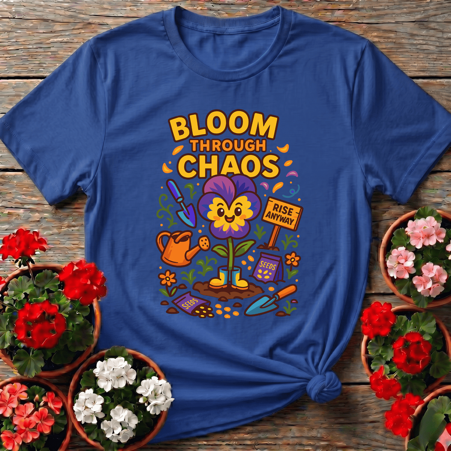 Bloom Through Chaos Pansy Gardening Tee - Rise Anyway - GardeningTshirts
