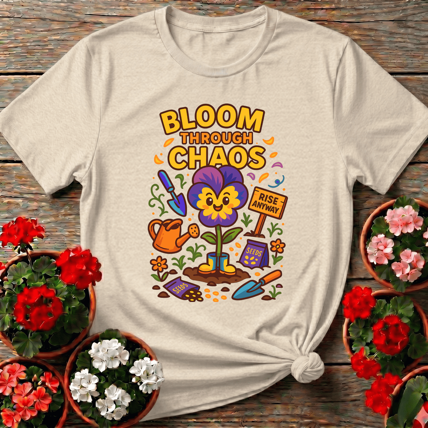 Bloom Through Chaos Pansy Gardening Tee - Rise Anyway - GardeningTshirts