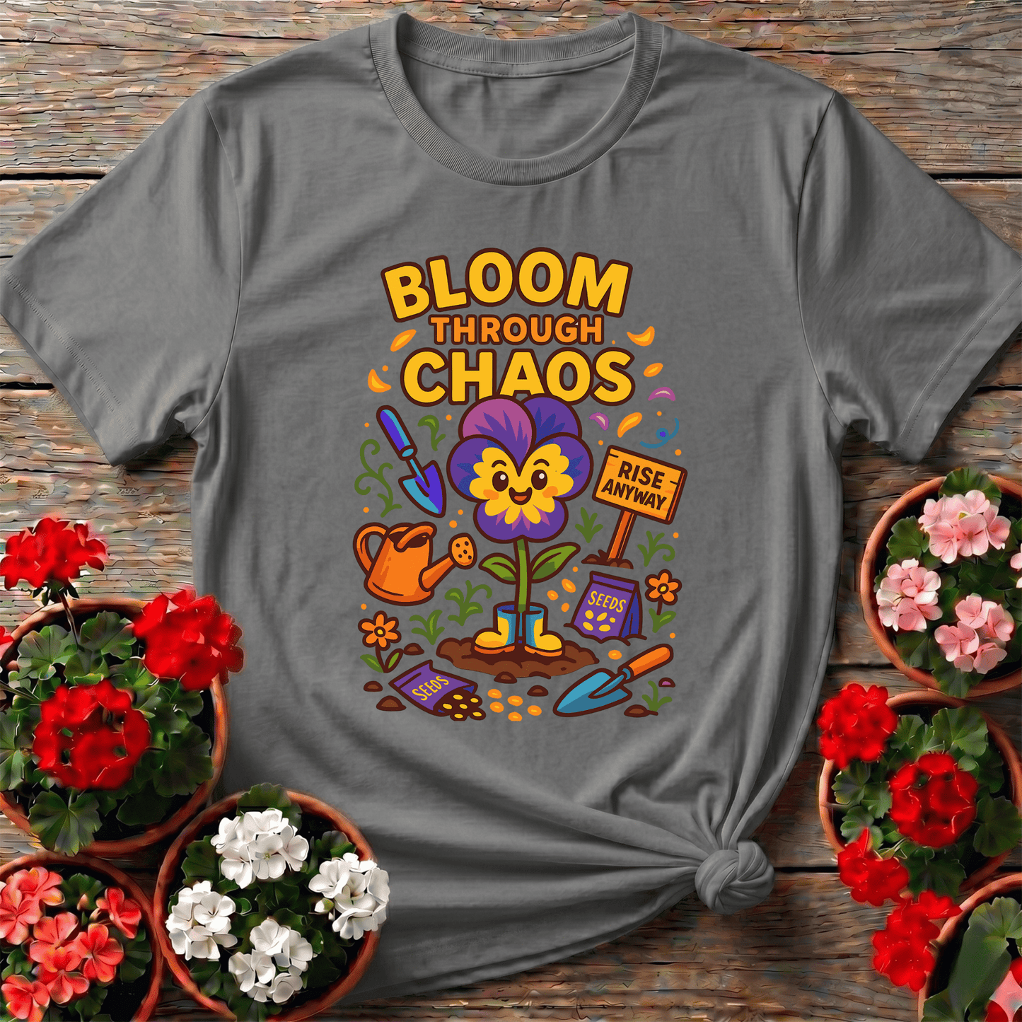 Bloom Through Chaos Pansy Gardening Tee - Rise Anyway - GardeningTshirts