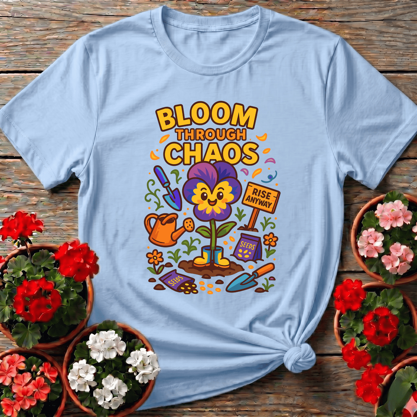 Bloom Through Chaos Pansy Gardening Tee - Rise Anyway - GardeningTshirts