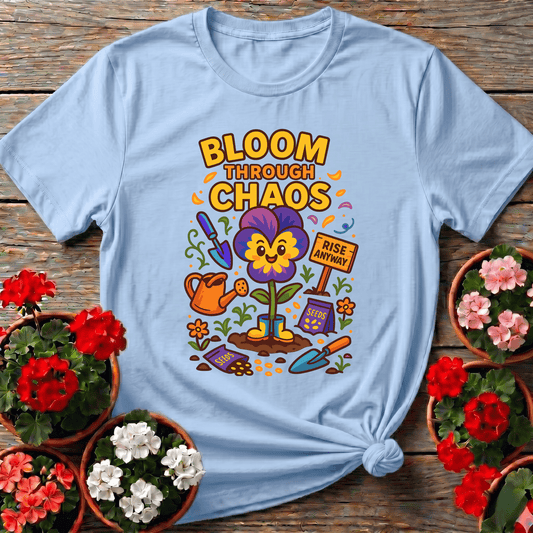 Bloom Through Chaos Pansy Gardening Tee - Rise Anyway - GardeningTshirts