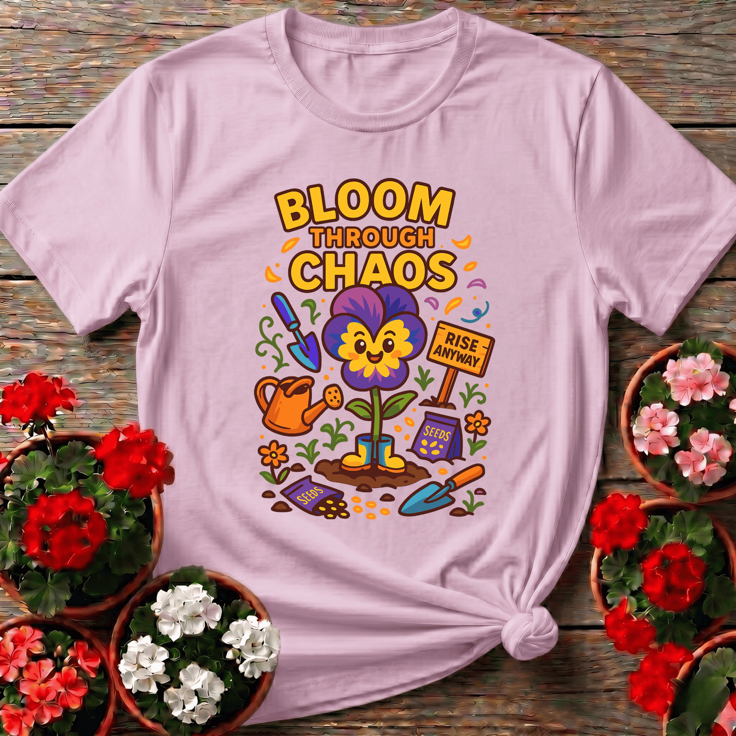 Bloom Through Chaos Pansy Gardening Tee - Rise Anyway - GardeningTshirts