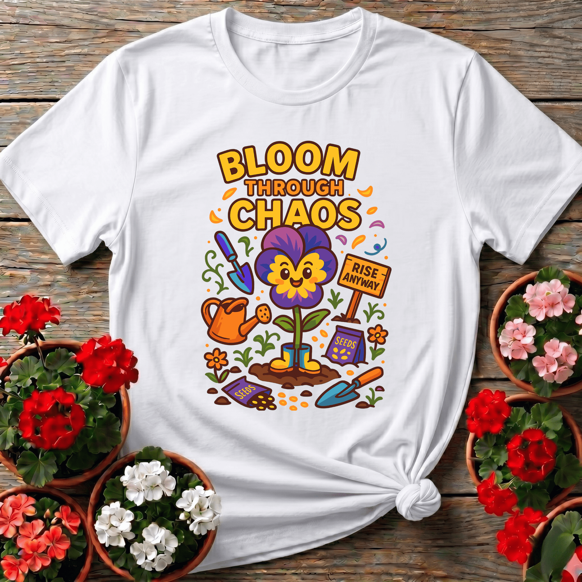 Bloom Through Chaos Pansy Gardening Tee - Rise Anyway - GardeningTshirts