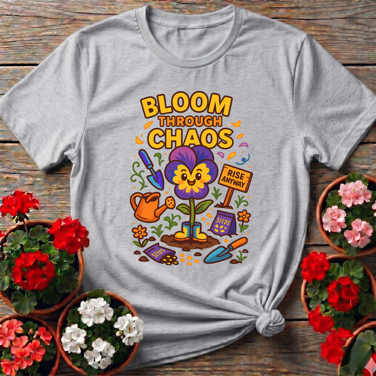 Bloom Through Chaos Pansy Gardening Tee - Rise Anyway - GardeningTshirts