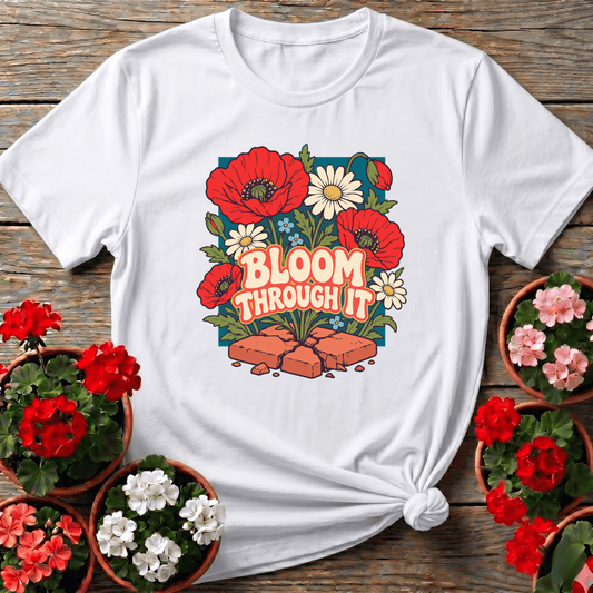 White vintage wildflower gardening shirt with bold red poppies and retro typography for cottage garden lovers