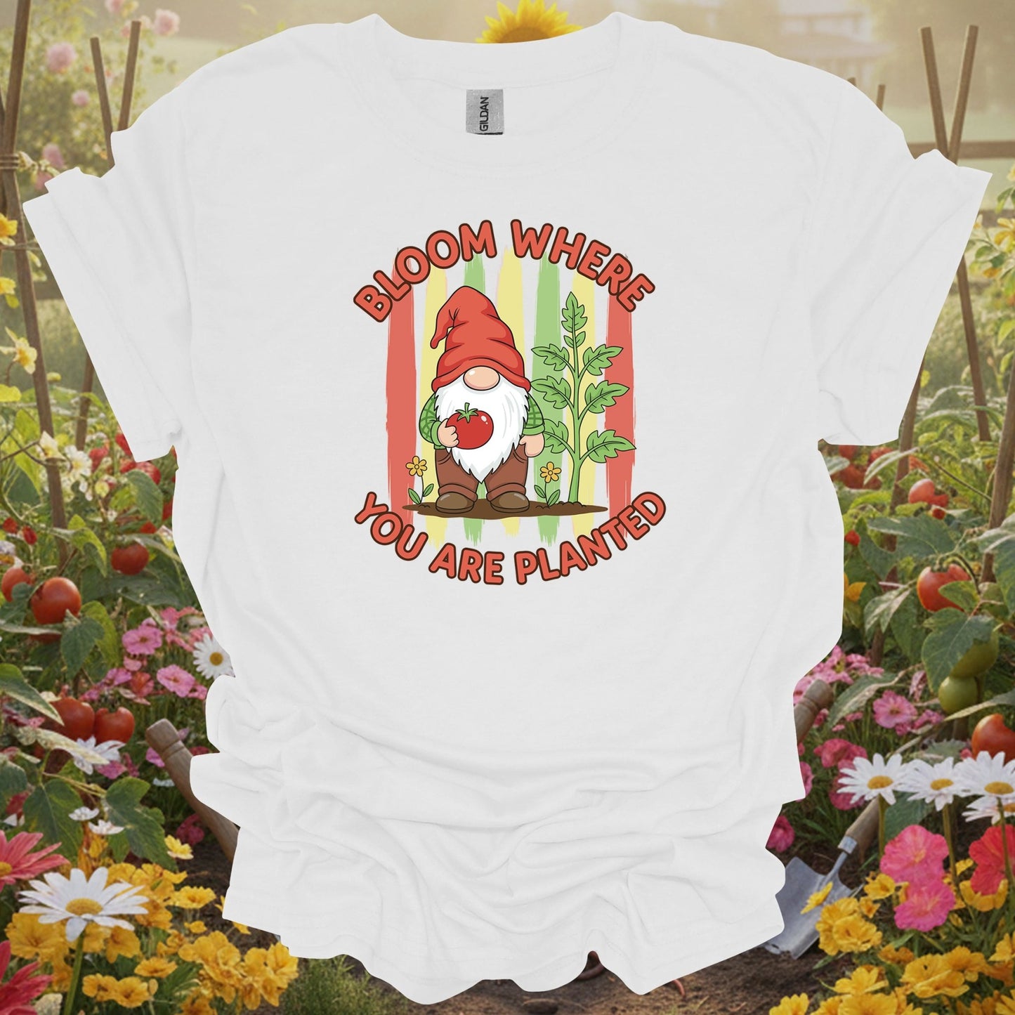 White tshirt showing a friendly garden gnome who represents the patient and resilient spirit of the soil for pet owners growing safe plants