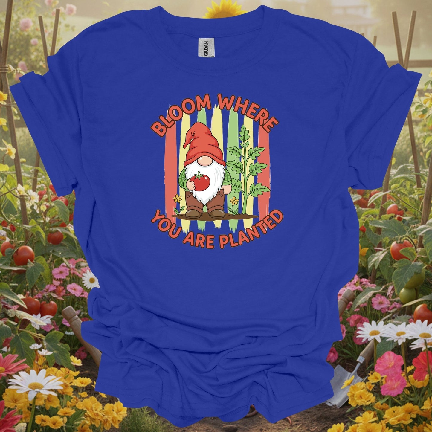 Royal tshirt showing a friendly garden gnome who represents the patient and resilient spirit of the soil for pet owners growing safe plants
