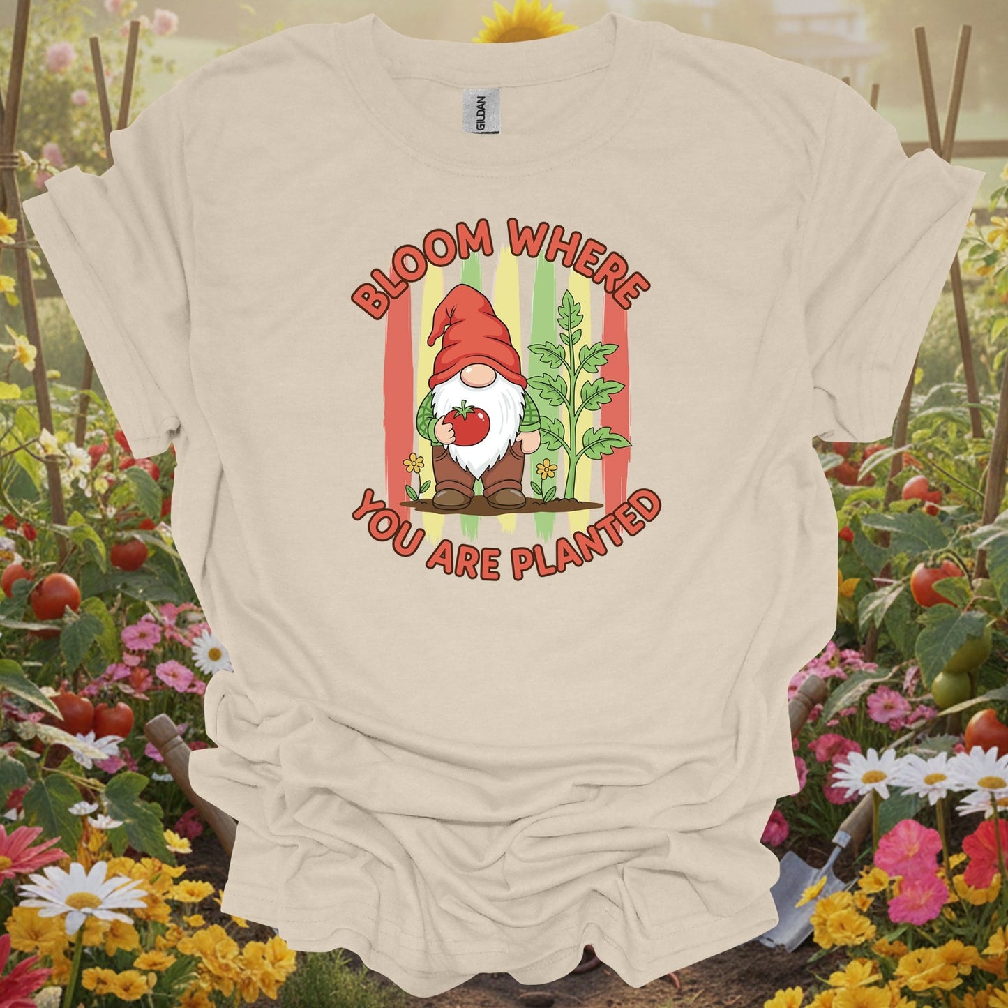 Natural tshirt showing a friendly garden gnome who represents the patient and resilient spirit of the soil for pet owners growing safe plants