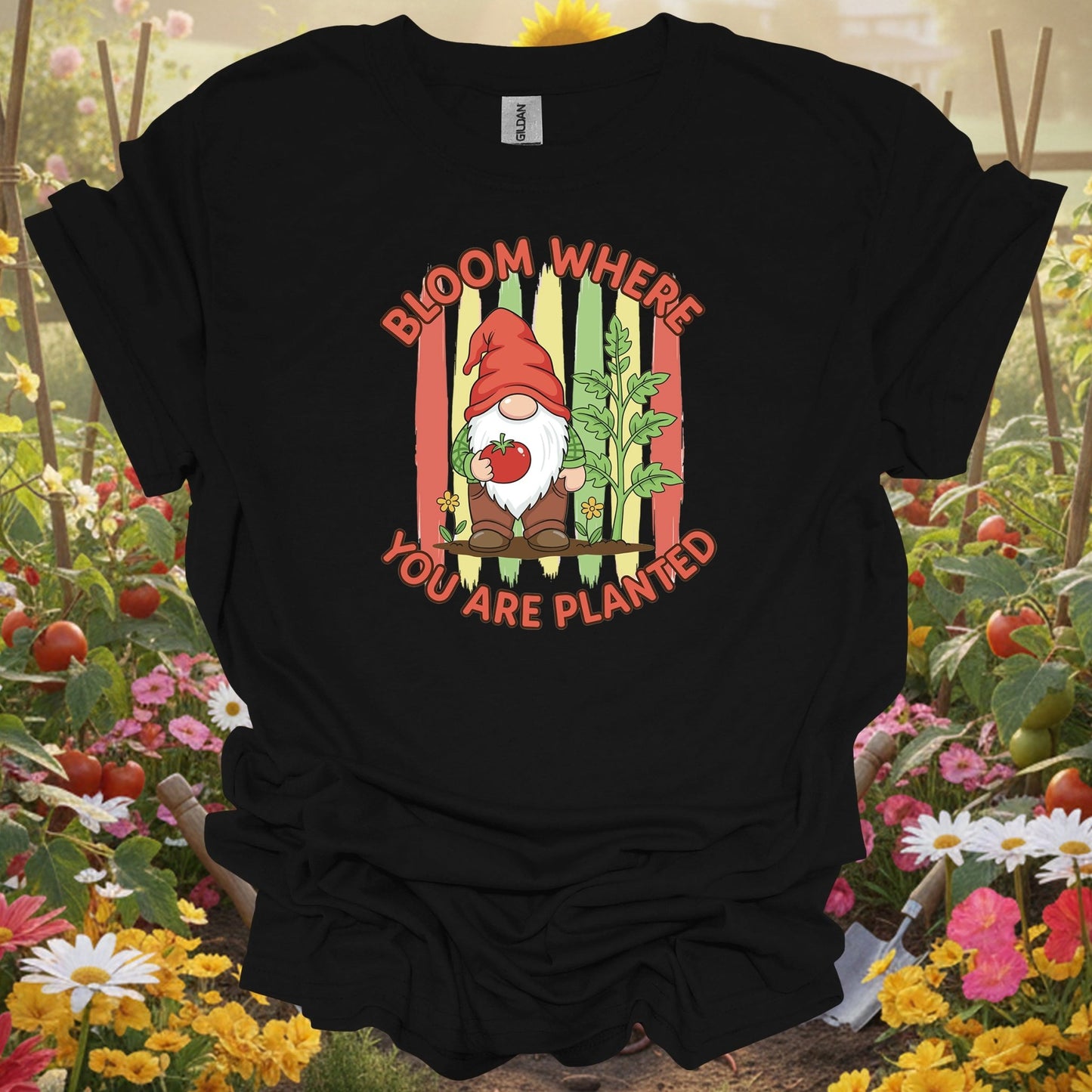 Black tshirt showing a friendly garden gnome who represents the patient and resilient spirit of the soil for pet owners growing safe plants