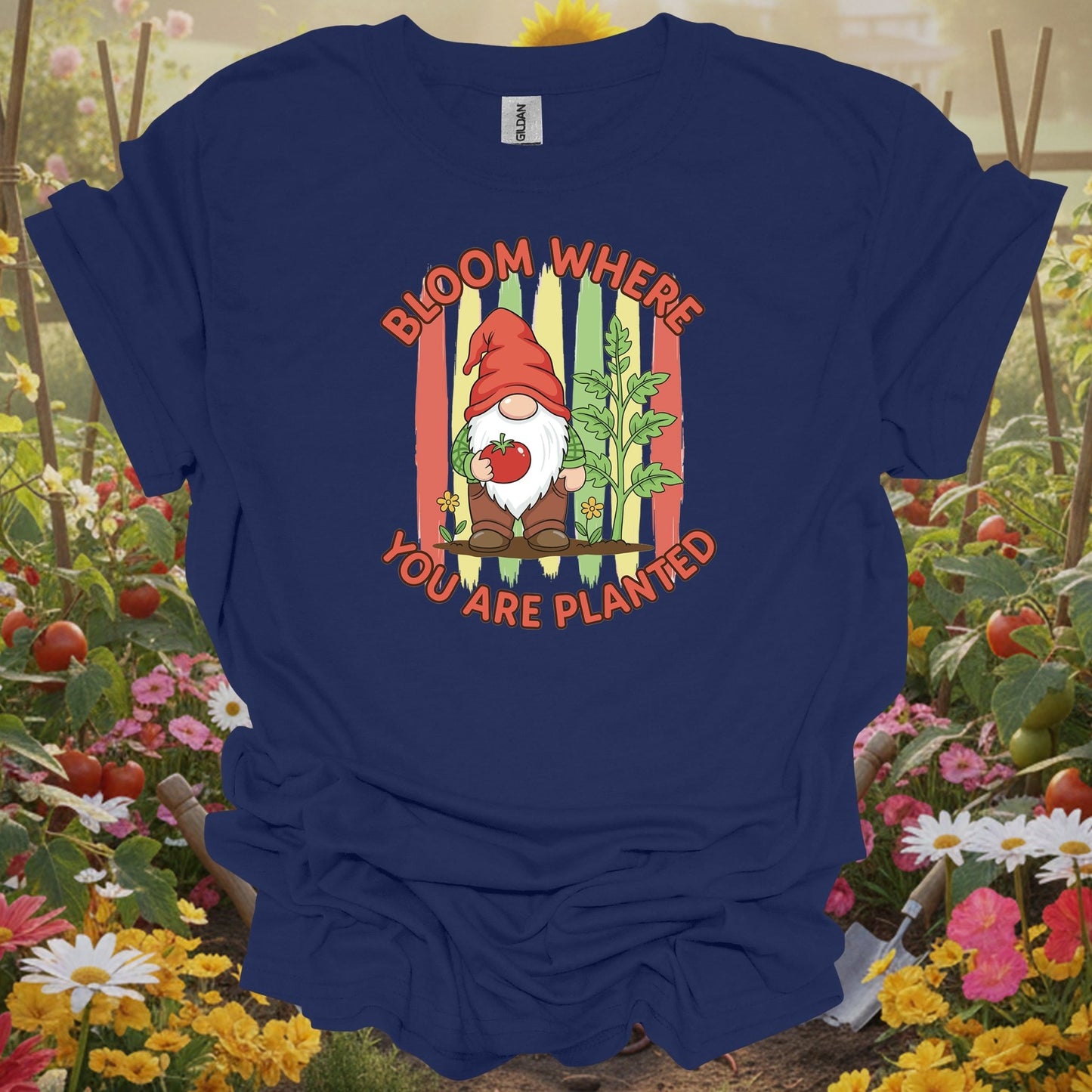 Navy tshirt showing a friendly garden gnome who represents the patient and resilient spirit of the soil for pet owners growing safe plants