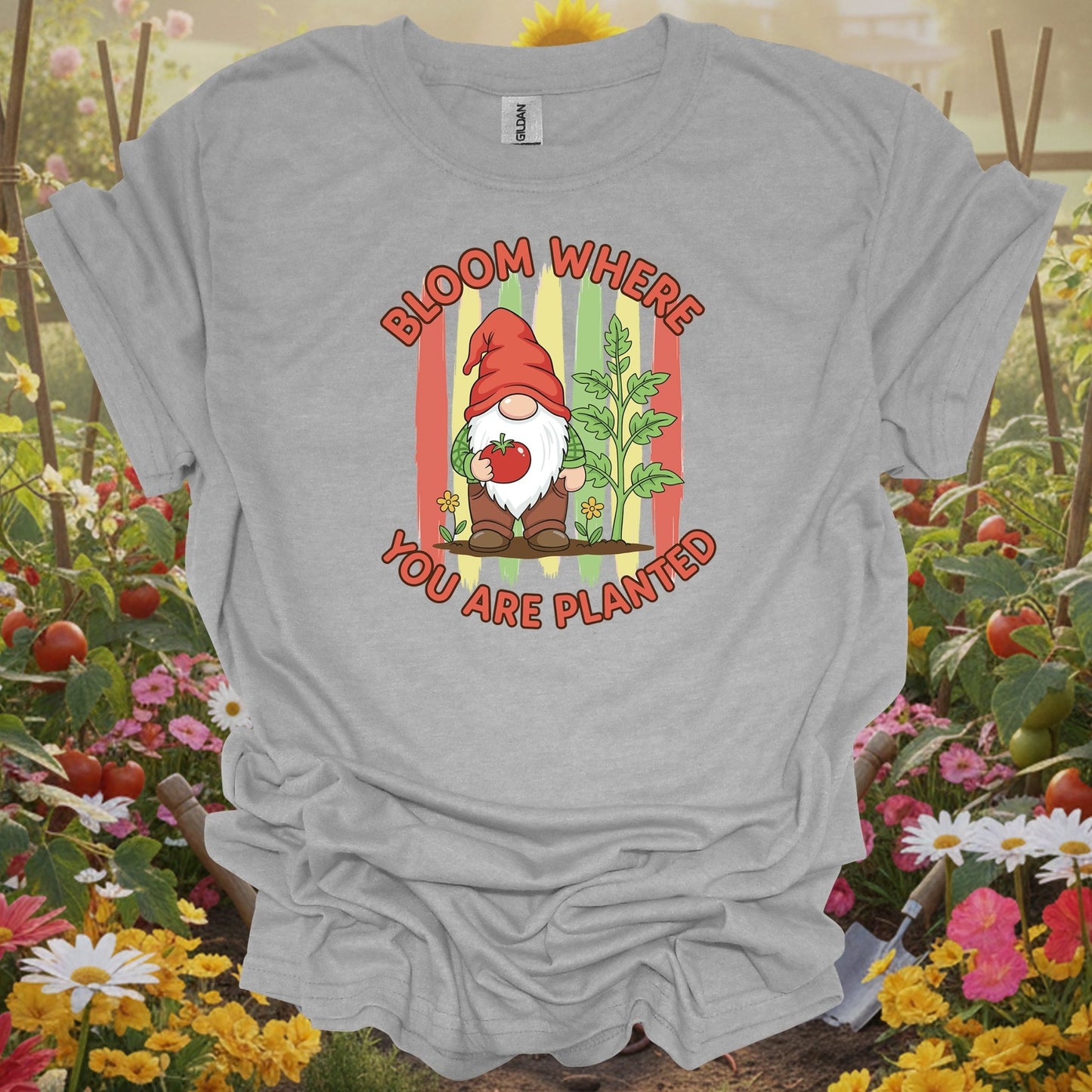 Sport gray tshirt showing a friendly garden gnome who represents the patient and resilient spirit of the soil for pet owners growing safe plants