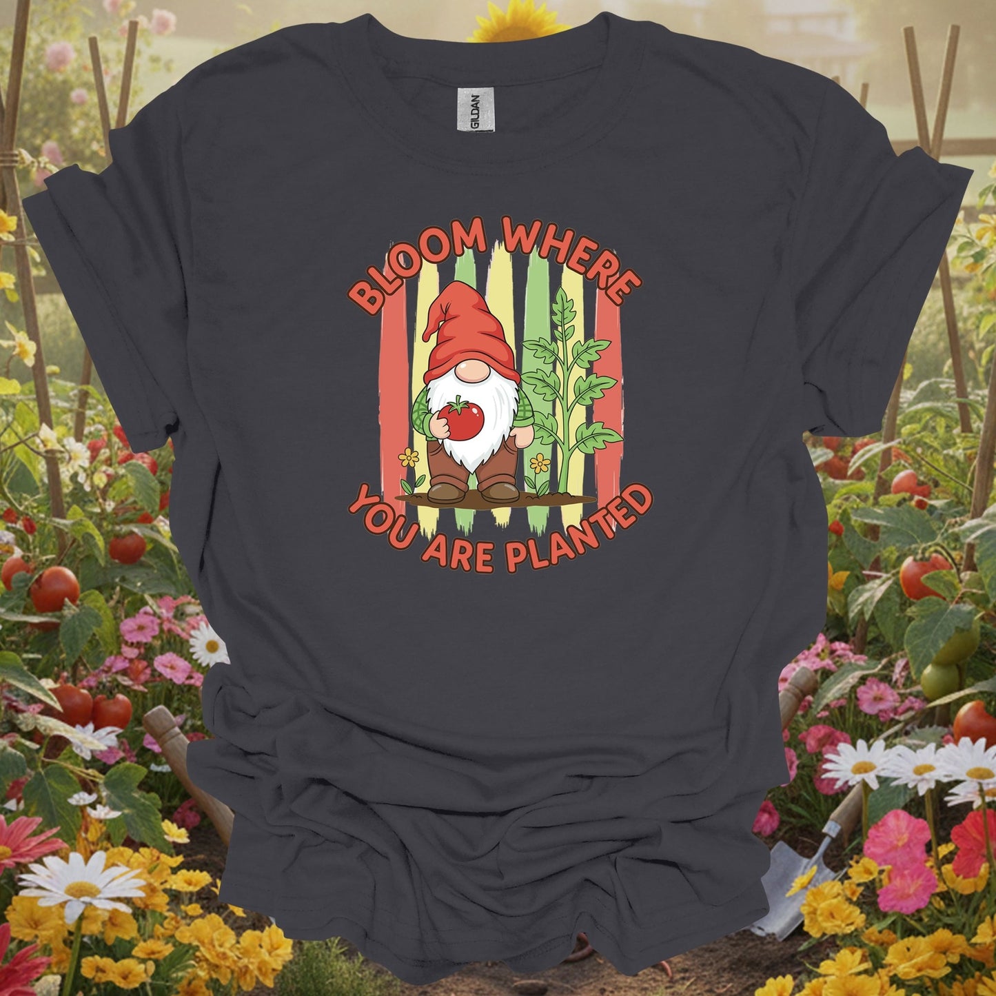 Charcoal tshirt showing a friendly garden gnome who represents the patient and resilient spirit of the soil for pet owners growing safe plants
