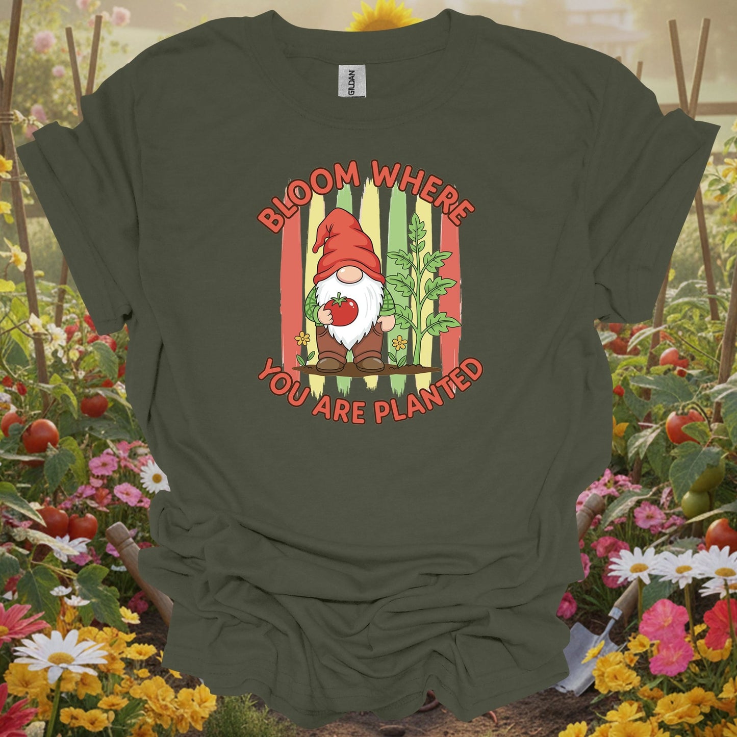 Military green tshirt showing a friendly garden gnome who represents the patient and resilient spirit of the soil for pet owners growing safe plants