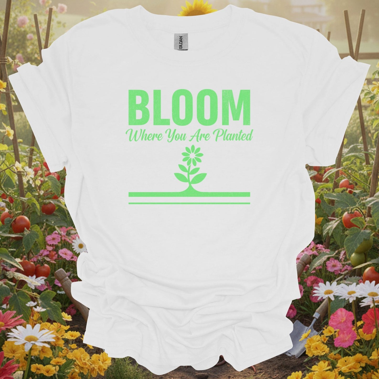 White tee showing bloom where you are planted inspirational flower for garden hobbyists