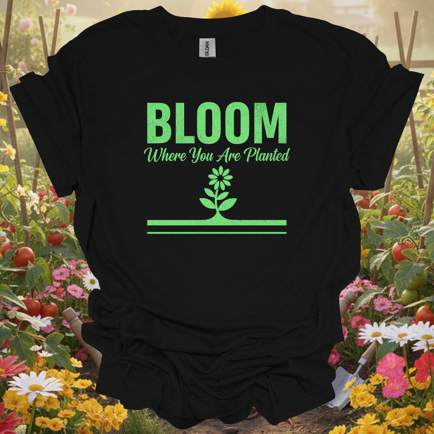 Black shirt showing bloom where you are planted inspirational flower for outdoor enthusiasts