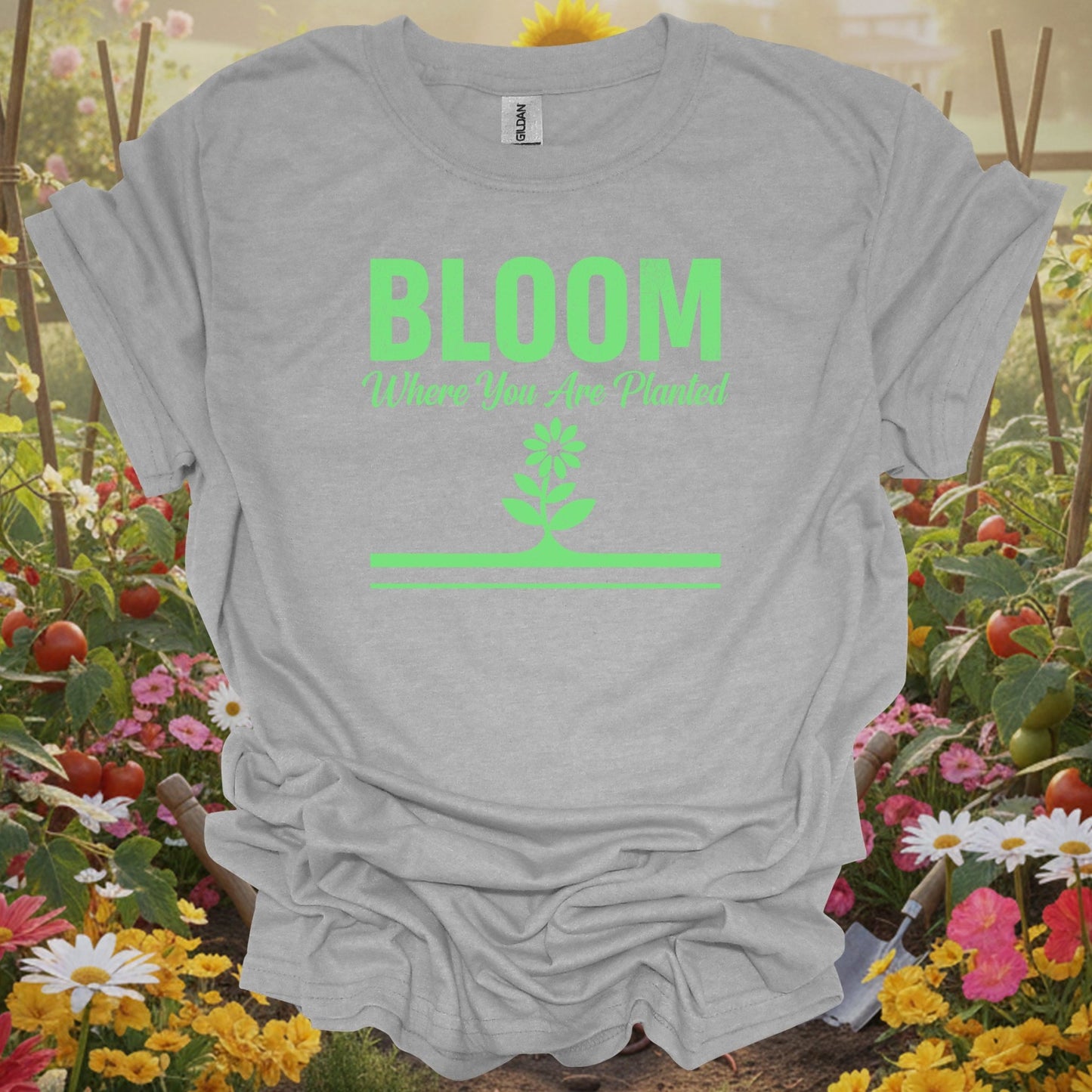 Sport Grey tshirt showing bloom where you are planted inspirational flower for backyard growers