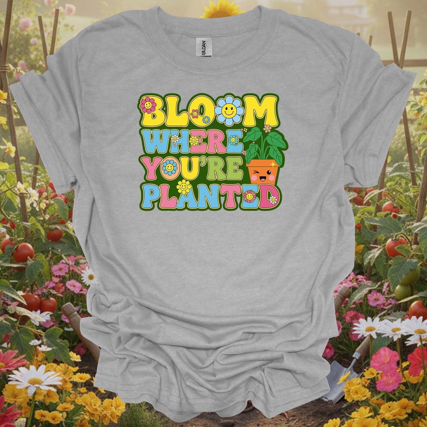 Sport Grey tshirt showing retro smiley face with bloom where planted floral design for positive gardeners