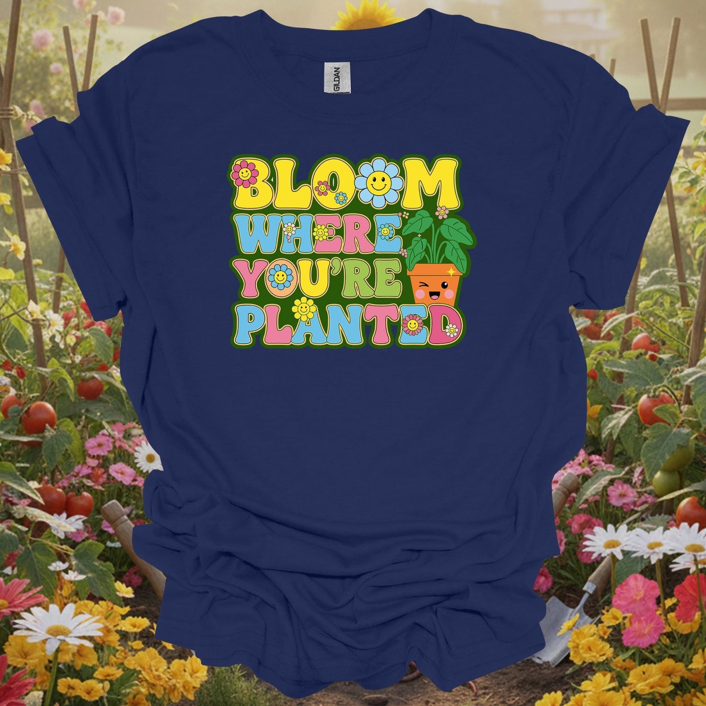 Navy top showing retro smiley face with bloom where planted floral design for optimistic growers