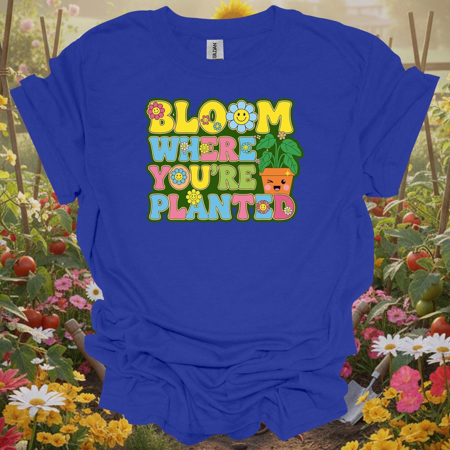 Royal tshirt showing retro smiley face with bloom where planted floral design for folks making the best of it