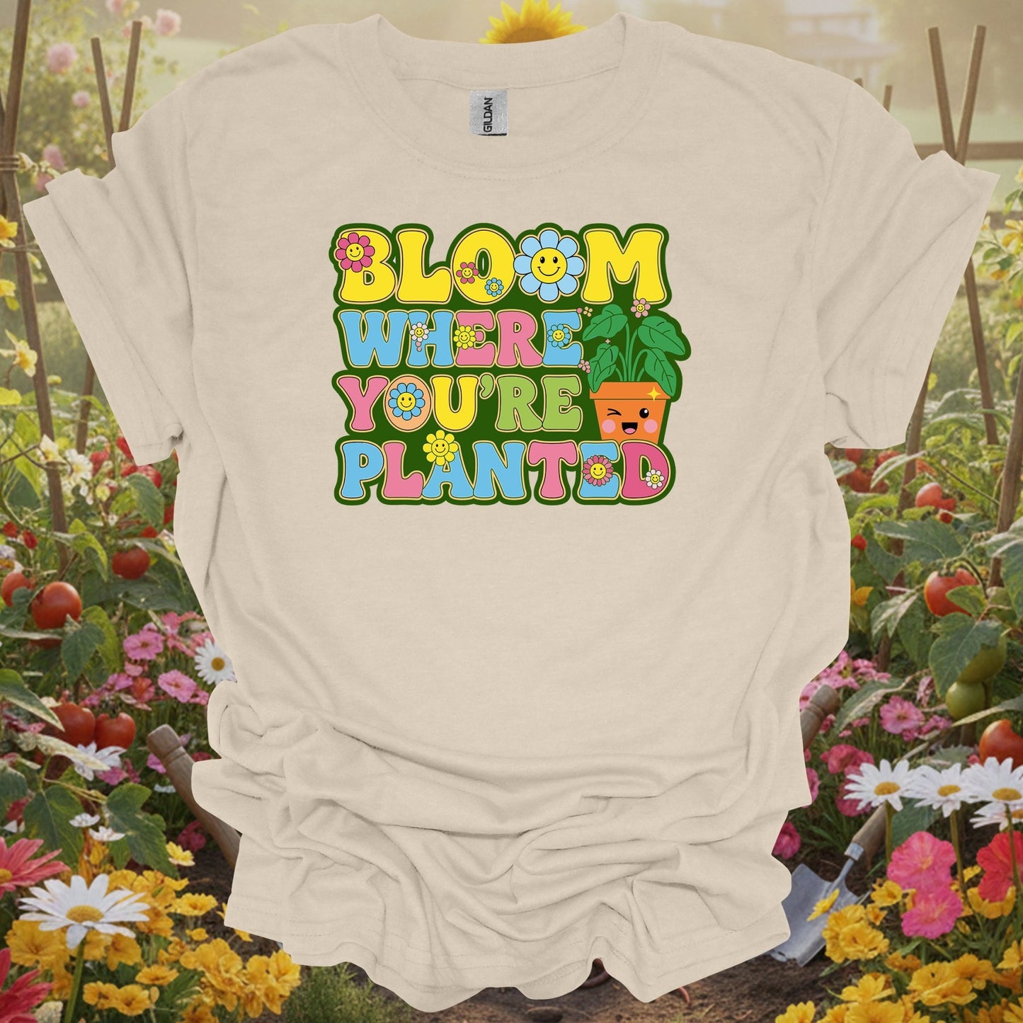 Natural tshirt showing retro smiley face with bloom where planted floral design for gardeners with good attitudes