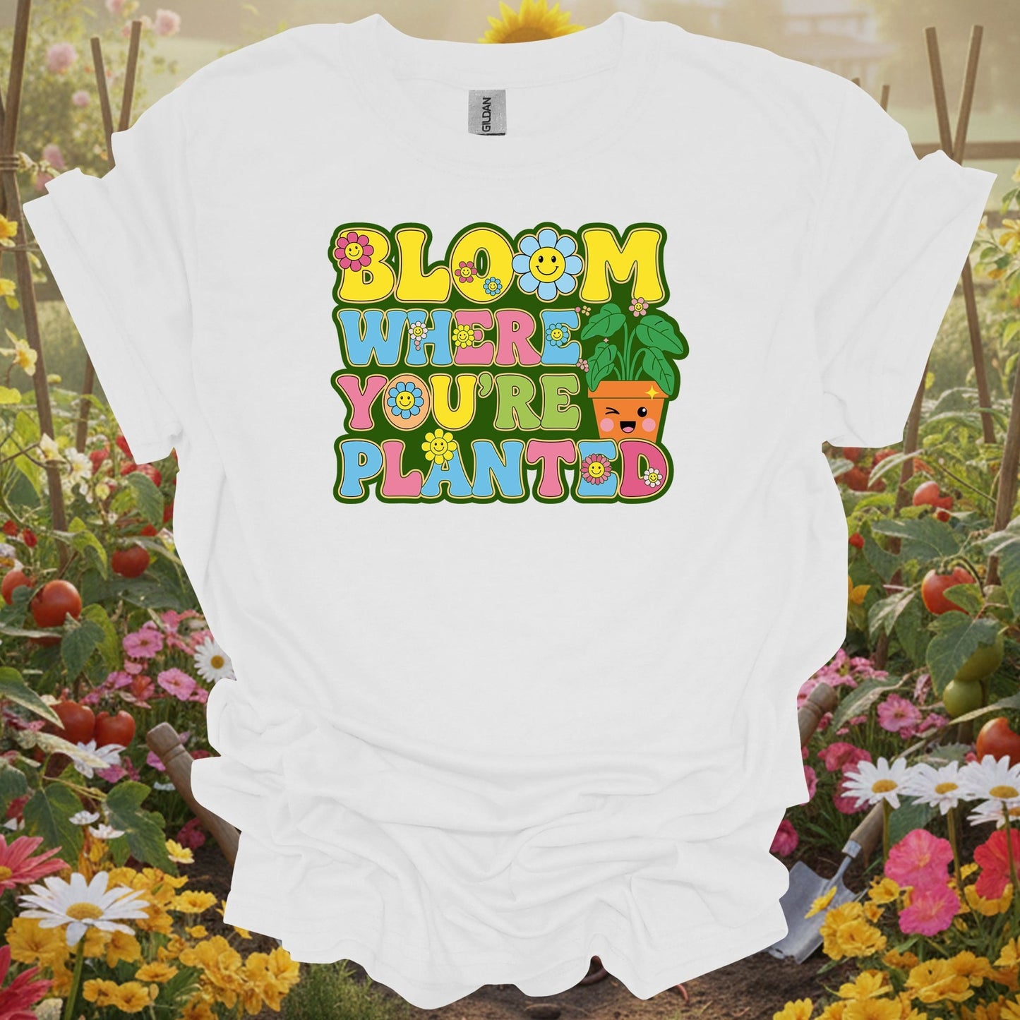 White tee showing retro smiley face with bloom where planted floral design for cheerful gardeners