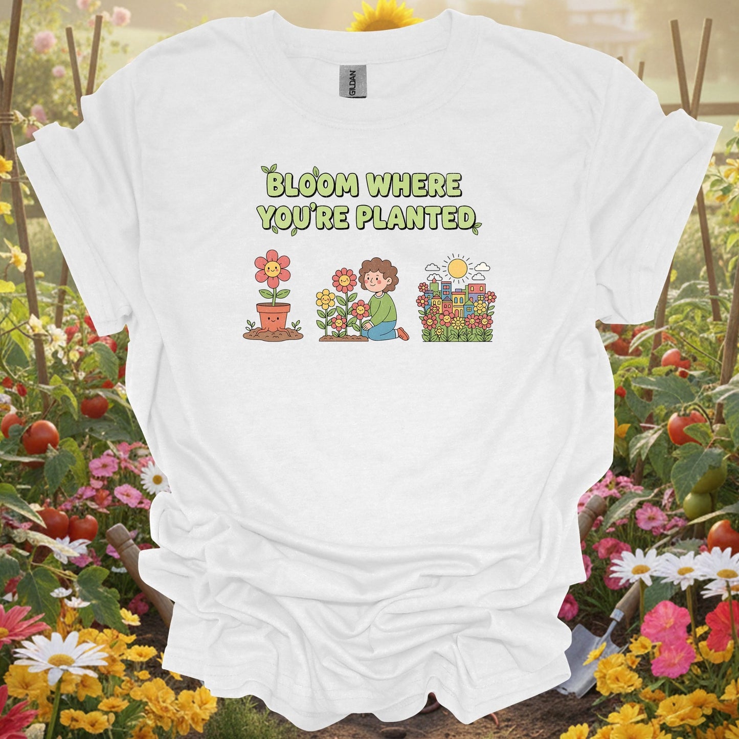 "Bloom Where You're Planted" Cheerful Flower Gardening Shirt - GardeningTshirts
