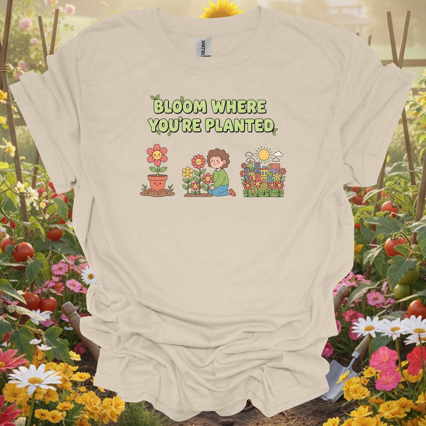 "Bloom Where You're Planted" Cheerful Flower Gardening Shirt - GardeningTshirts