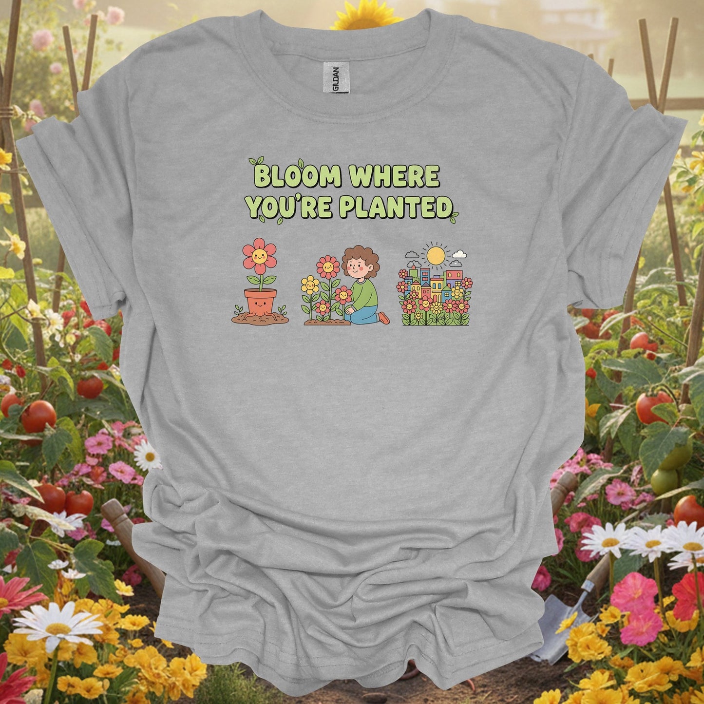 "Bloom Where You're Planted" Cheerful Flower Gardening Shirt - GardeningTshirts