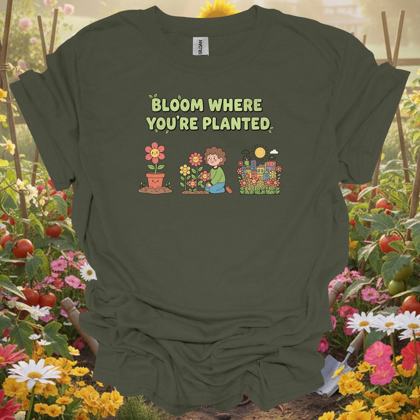 "Bloom Where You're Planted" Cheerful Flower Gardening Shirt - GardeningTshirts