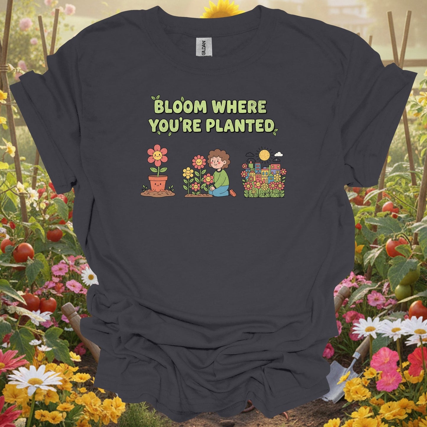 "Bloom Where You're Planted" Cheerful Flower Gardening Shirt - GardeningTshirts