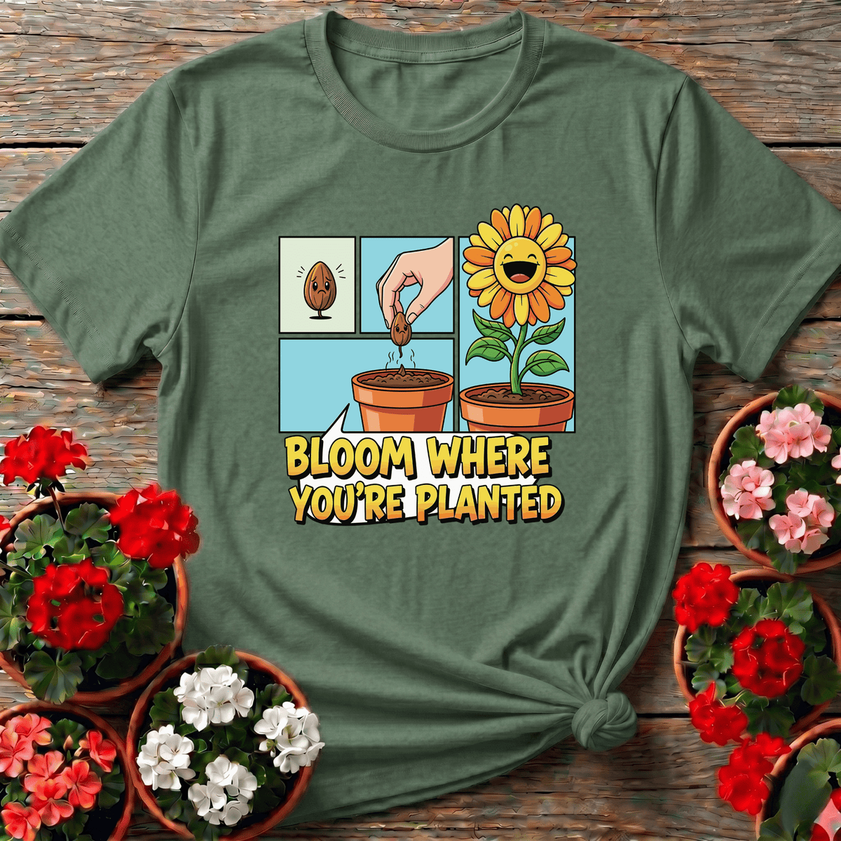 Military Green cottagecore comic panel gardening tee with "Bloom Where You're Planted" for plant lovers