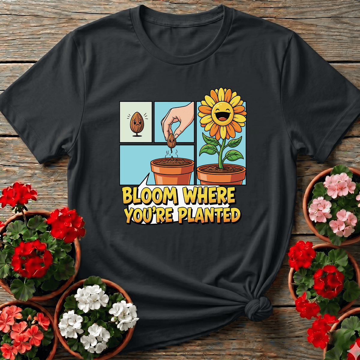 Black kawaii comic strip gardening tee with "Bloom Where You're Planted" for plant lovers